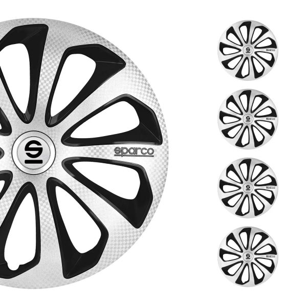 Sicilia Hub Caps Wheel Cover 14  Silver Carbon & Black Full Set 4 pcs. Fashion
